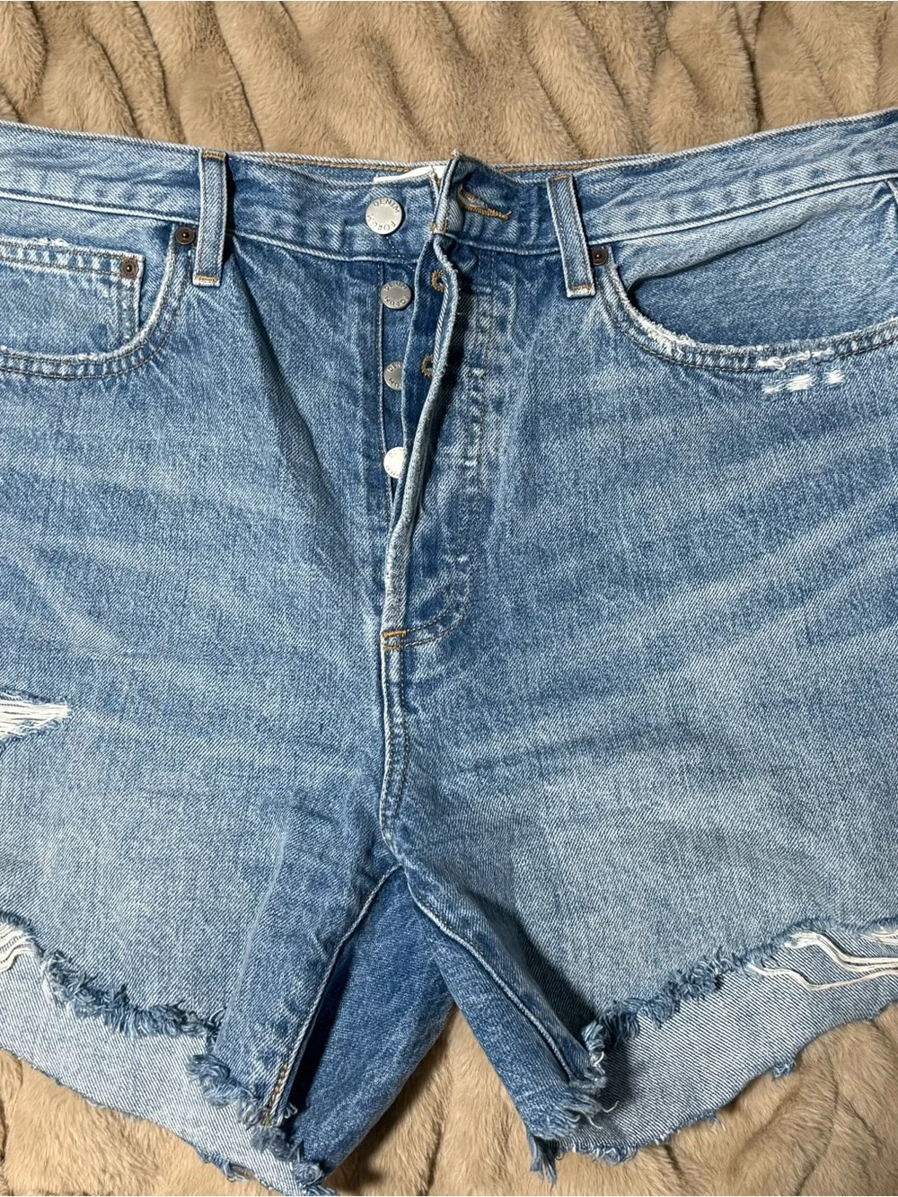Denim Forum Ex Boyfriend High-Rise Distressed Jean Shorts- light blue - Picture 2 of 6